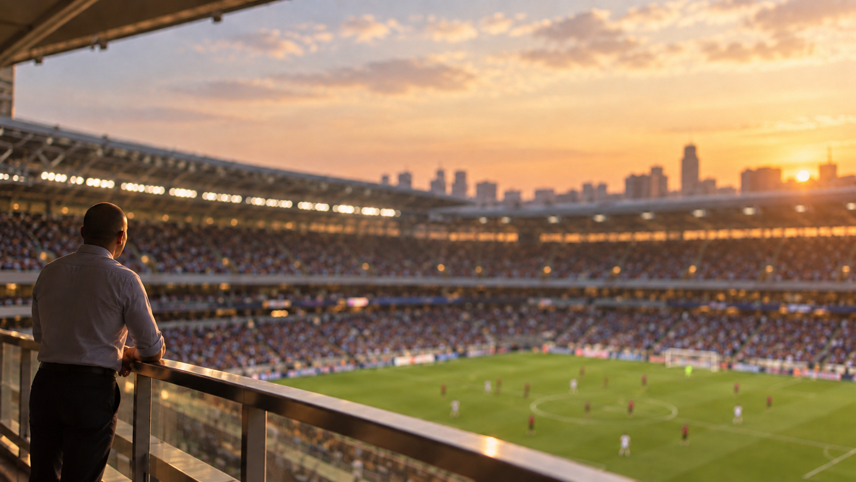 A leader looking out over a stadium from the balcony above the field