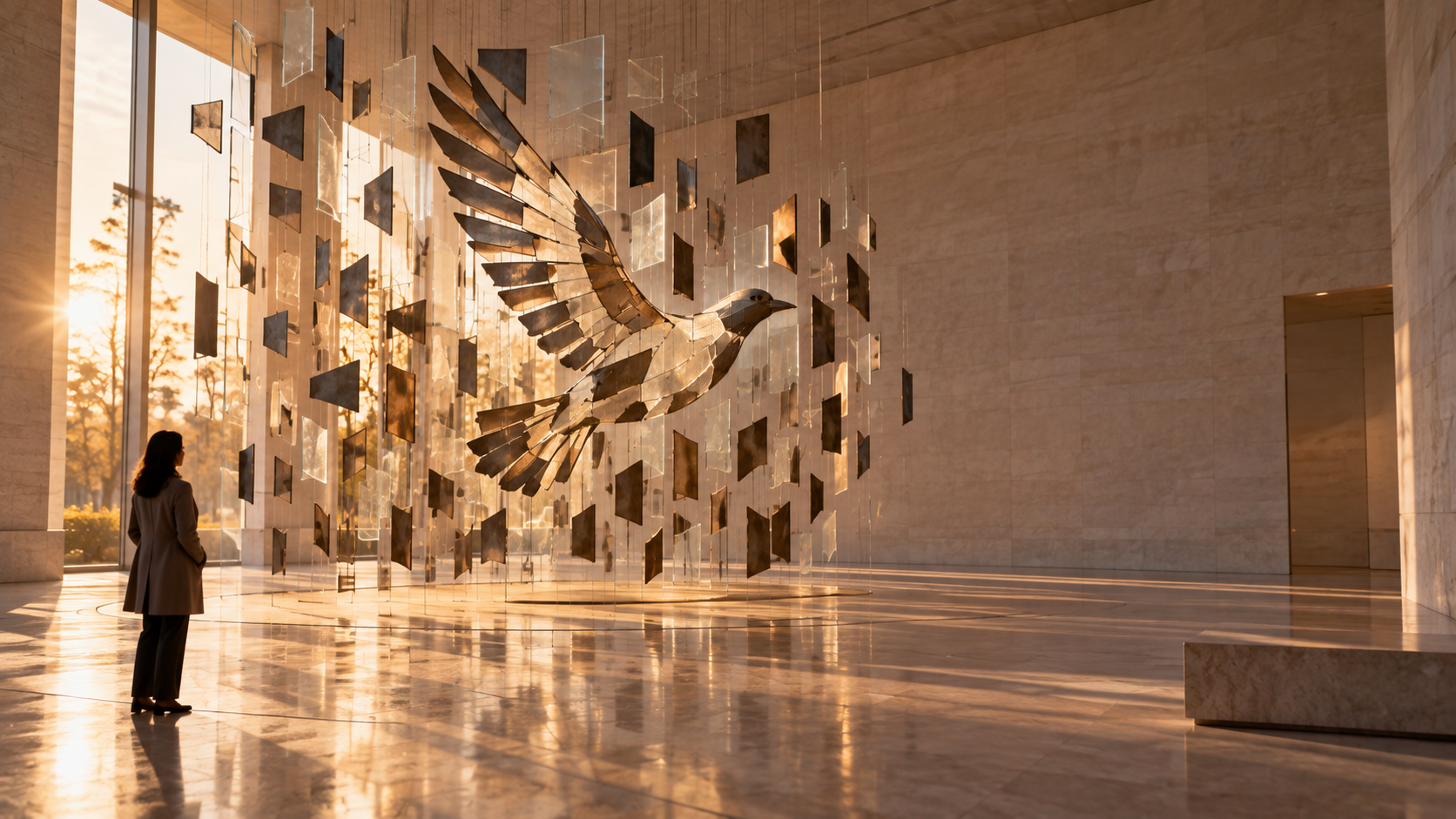 A person standing quietly before a suspended sculpture of a bird in flight, formed from many small fragments