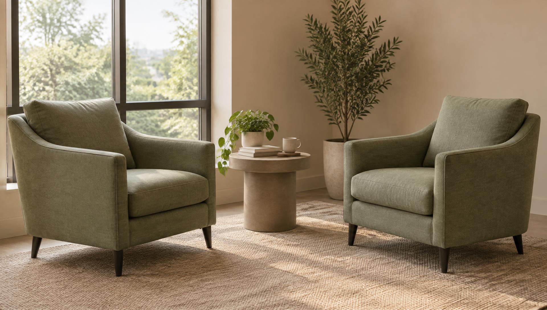 Two sage green armchairs facing each other in a quiet, light-filled room